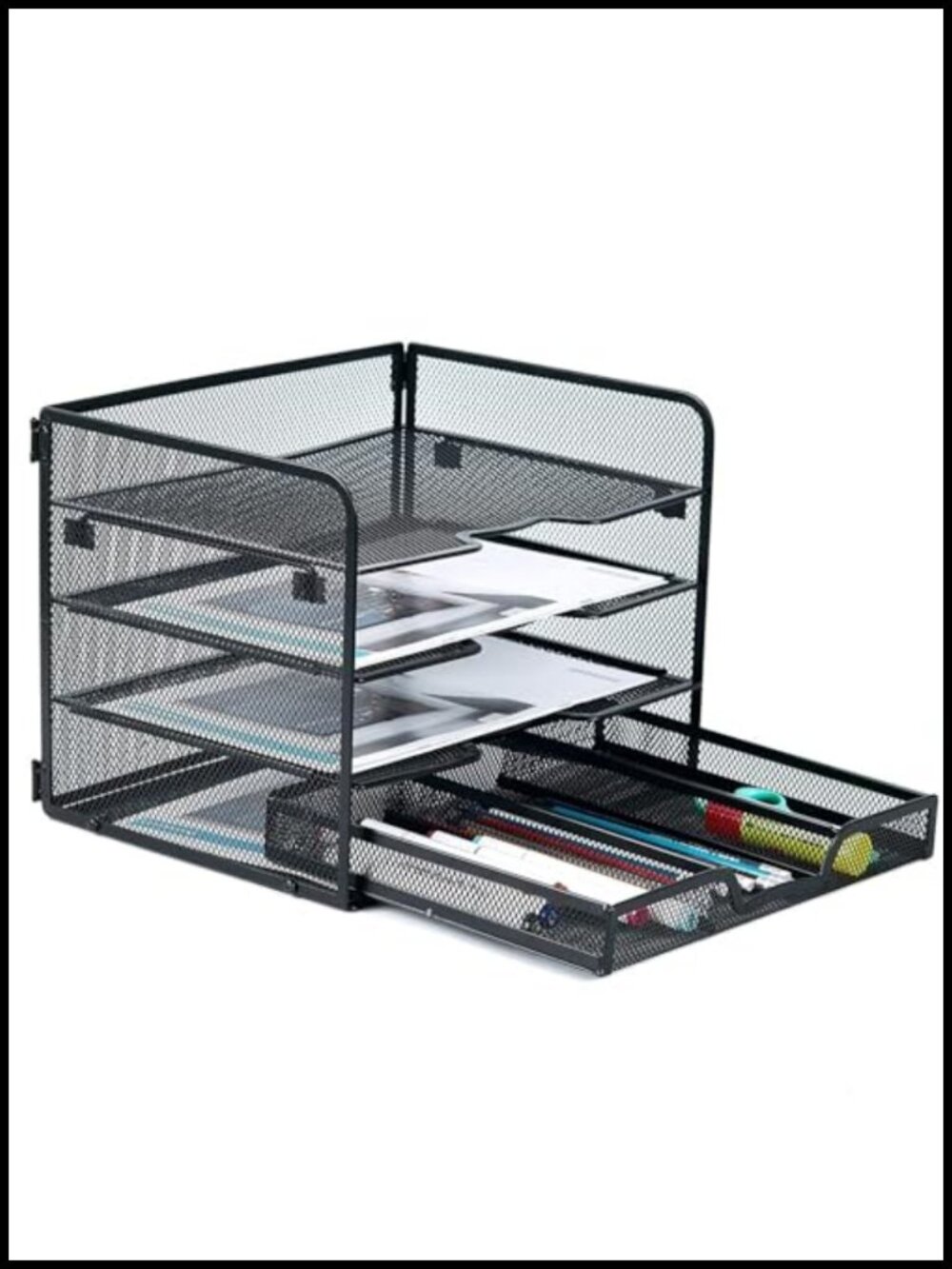 4-Tier Metal Desk Organizer Letter Tray with Drawer
